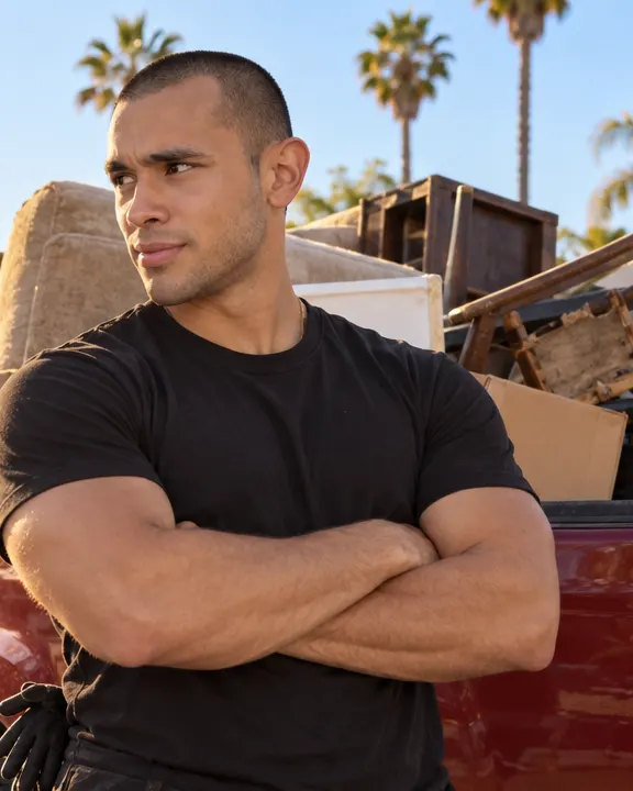Joshua, owner of Let's Go, arms crossed in front of his pickup loaded with old furniture
